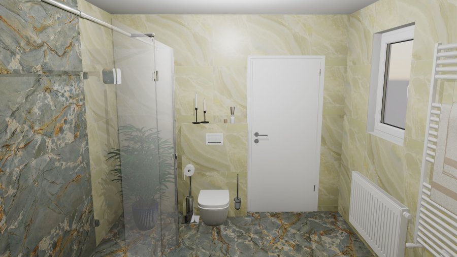 Grafický návrh koupelny s velkoformátovými mramorovými obklady, zelenošedou dlažbou a bezrámovým sprchovým koutem. Rekonstrukce koupelny, kuchyně a interiéru bytu Svitavy, Hradec Králové | Pemtrade.cz