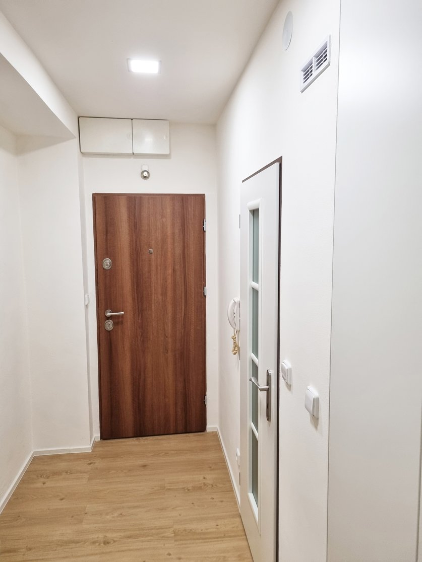 Vstupní chodba s novými interiérovými dveřmi a vinylovou podlahou v dekoru dřeva Aspekta Thorne. Rekonstrukce koupelny, kuchyně a interiéru bytu Svitavy, Hradec Králové | Pemtrade.cz