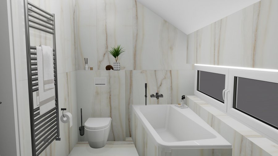 3D grafický návrh podkrovní koupelny s vanou Ravak 10° a velkoformátovým obkladem – Rekonstrukce koupelny, kuchyně a interiéru bytu Svitavy, Hradec Králové | Pemtrade.cz