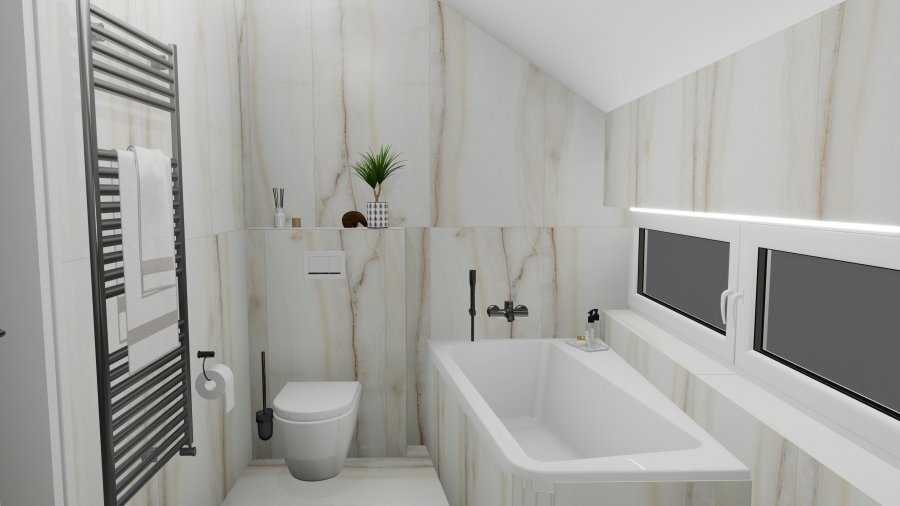 Grafický návrh koupelny v podkroví s velkoformátovým obkladem 60×120 a asymetrickou vanou – Rekonstrukce koupelny, kuchyně a interiéru bytu Svitavy, Hradec Králové | Pemtrade.cz