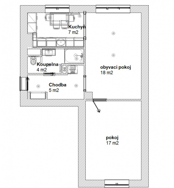 Rekonstrukce koupelny a kuchyně v bytovém domě_Svitavy, Hradec Králové_půdorys