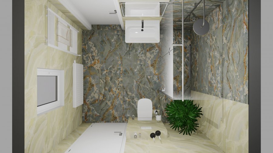 Grafický návrh koupelny s velkoformátovými mramorovými obklady, zelenošedou dlažbou a bezrámovým sprchovým koutem. Rekonstrukce koupelny, kuchyně a interiéru bytu Svitavy, Hradec Králové | Pemtrade.cz