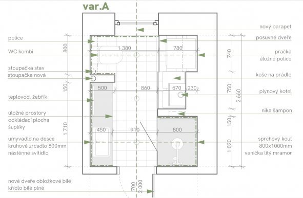 Rekonstrukce koupelny v bytovém domě_Svitavy, Hradec Králové_půdorys