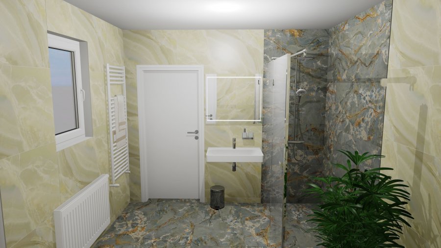 Grafický návrh koupelny s velkoformátovými mramorovými obklady, zelenošedou dlažbou a bezrámovým sprchovým koutem. Rekonstrukce koupelny, kuchyně a interiéru bytu Svitavy, Hradec Králové | Pemtrade.cz