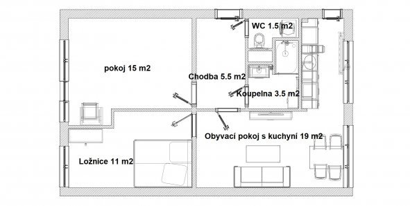 Půdorys bytu 3+1, Pardubice | Rekonstrukce interiérů, koupelen a kuchyní Svitavy, Hradec Králové | Pemtrade.cz