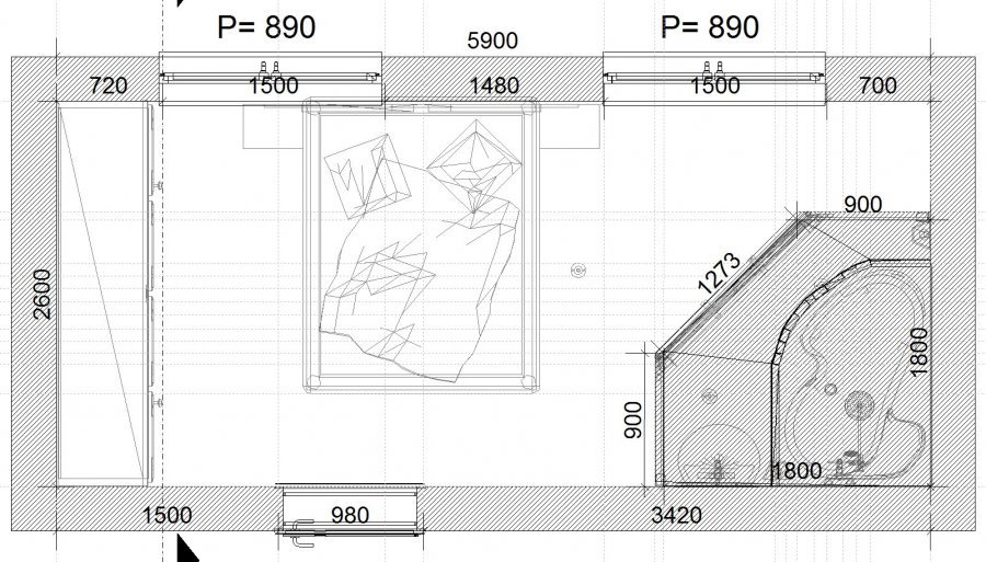 Půdorys ložnice 590 x 260 cm. Rohová koupelna má rozměr 180 x 180 cm | Koupelny-svitavy.cz