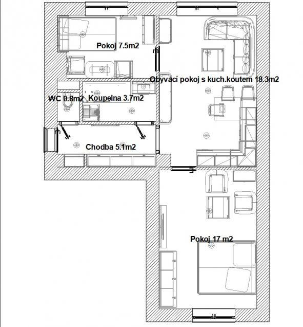 Rekonstrukce interiéru bytu 3+kk Svitavy_půdorys