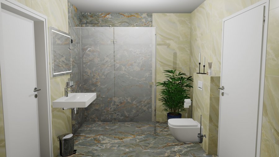 Grafický návrh koupelny s velkoformátovými mramorovými obklady, zelenošedou dlažbou a bezrámovým sprchovým koutem. Rekonstrukce koupelny, kuchyně a interiéru bytu Svitavy, Hradec Králové | Pemtrade.cz