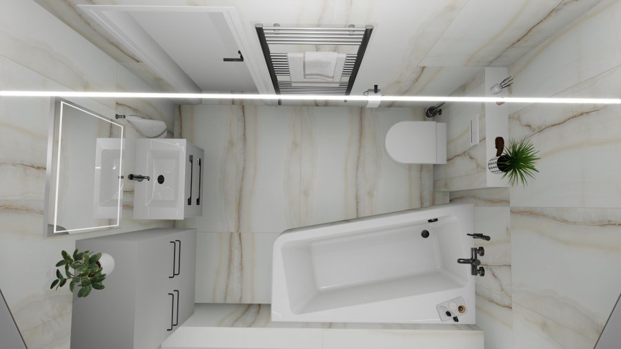 Vizualizace koupelny s umyvadlovou skříňkou, LED zrcadlem a skrytými dveřmi do komory – Rekonstrukce koupelny, kuchyně a interiéru bytu Svitavy, Hradec Králové | Pemtrade.cz